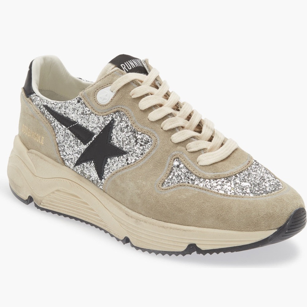 Golden Goose Silver Glitter and Tan Sneakers